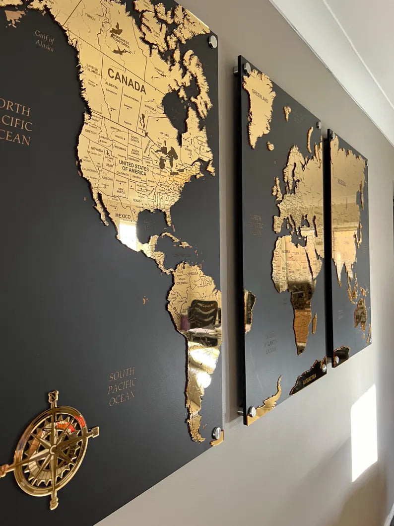GOLD Carte du Monde Miroir sur 3 Plaques Noir en Bois