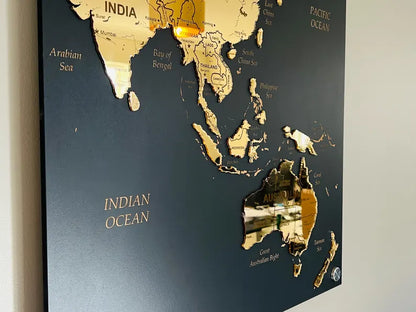 GOLD Carte du Monde Miroir sur 3 Plaques Noir en Bois