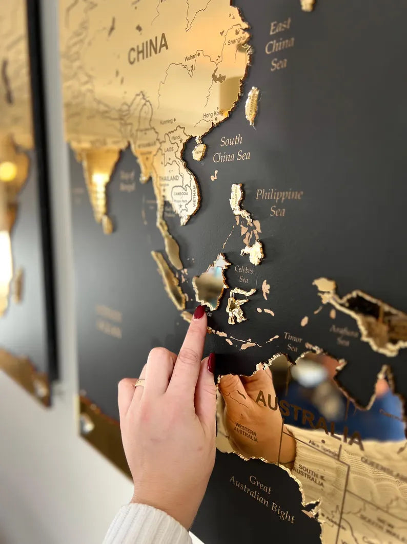 GOLD Carte du Monde Miroir sur 3 Plaques Noir en Bois