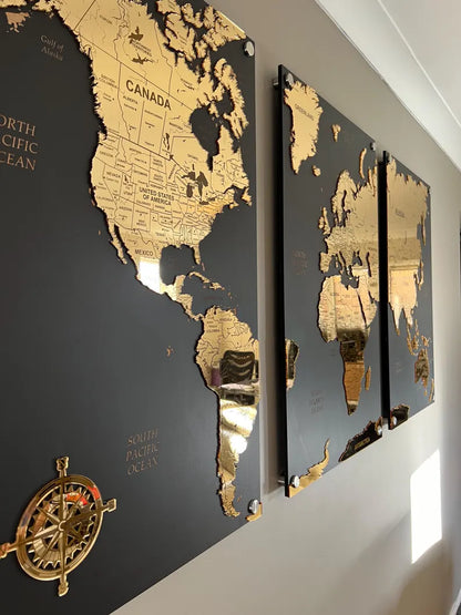 GOLD Carte du Monde Miroir sur 3 Plaques Noir en Bois