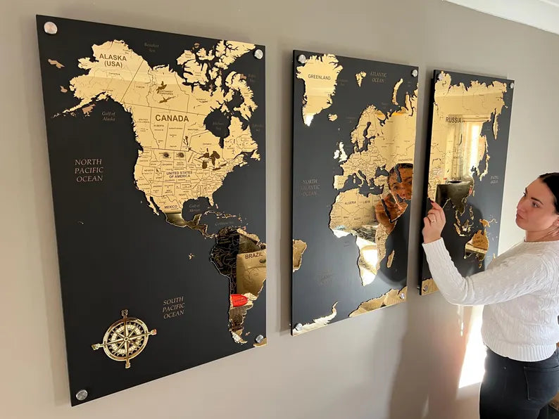 GOLD Carte du Monde Miroir sur 3 Plaques Noir en Bois