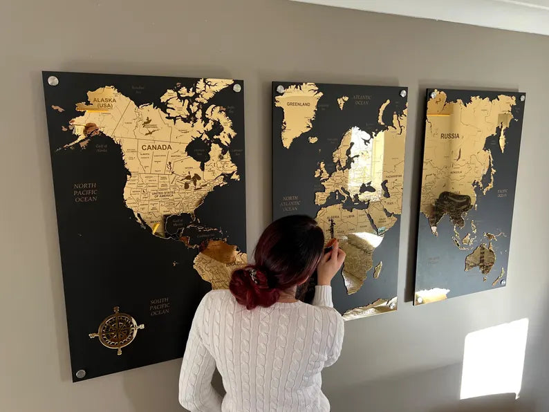 GOLD Carte du Monde Miroir sur 3 Plaques Noir en Bois