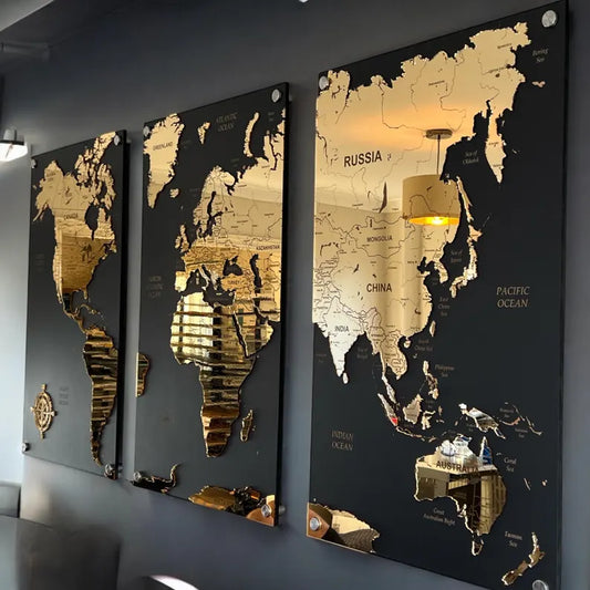 GOLD Carte du Monde Miroir sur 3 Plaques Noir en Bois
