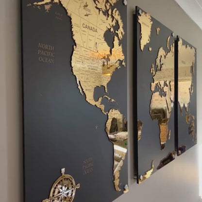 GOLD Carte du Monde Miroir sur 3 Plaques Noir en Bois
